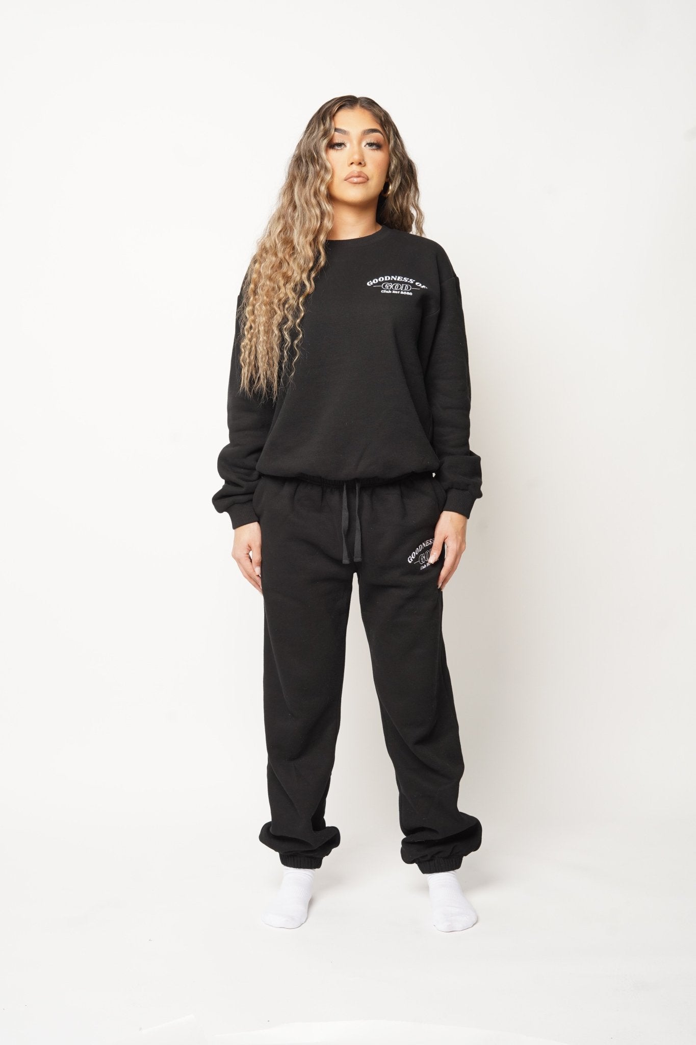 Black Sweatpants with Goodness of God embroidery logo. The perfect Christian clothing for you.
